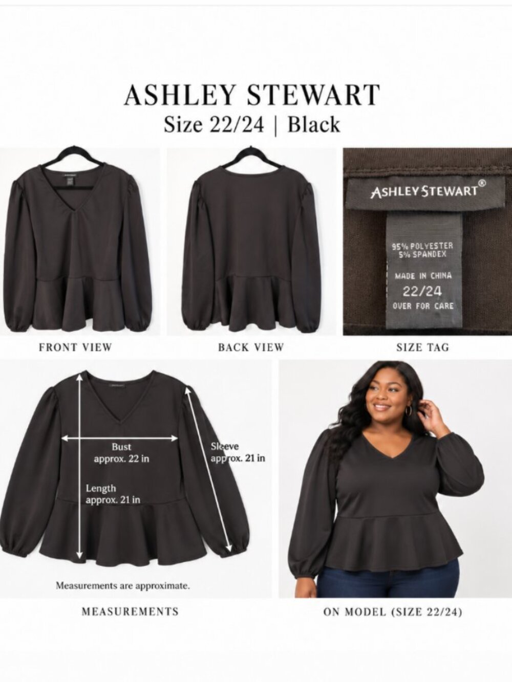 NWOT Ashley Stewart Black V-Neck Peplum Top Size 22 24 Long Sleeve Blouse
